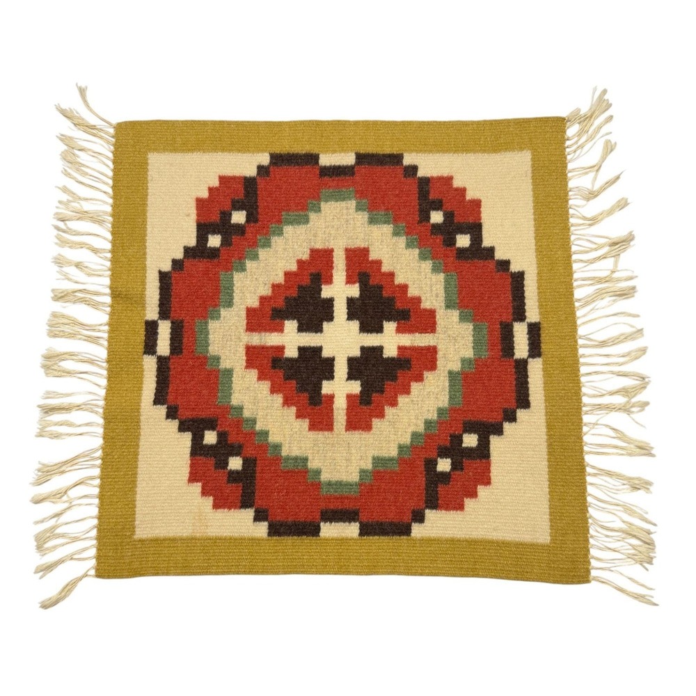 Wool Table Center Mat With Fringe 17 x 22" Vintage Woven Ethnic Native Design
